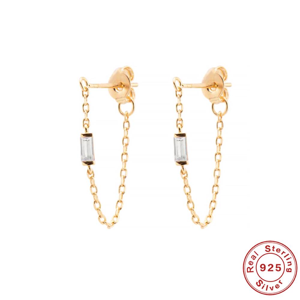 Suivez la tendance S925 Argent Sterling Chaîne simple Chaîne Boucles d'oreilles puces Zircon carré fin Écouteurs fins