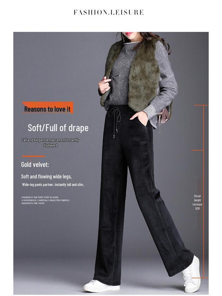 2023 Dámské nadměrné kalhoty s vysokým pasem a širokými nohavicemi podšité fleecem ze zlatého sametu - Podzimní/Zimní kolekce