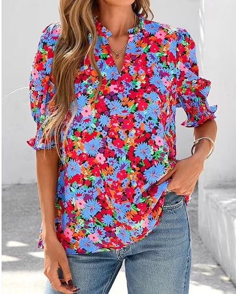 2026 New Amazon Independent Station Cross-border Europe, America, Bohemian style shirt, floral fashion V-neck bubble sleeve S красный