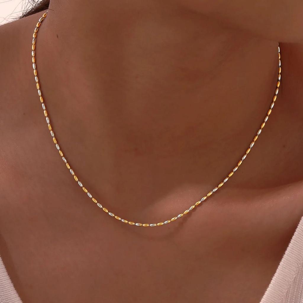 Two Tone Beaded Chain Necklace for Women,Stainless Steel Olive Bead Chain Necklace, 18K Gold PVD Plated,Fashion Jewelry Gifts