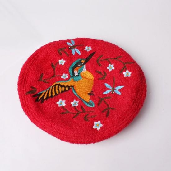 Женская беретка из смесовой шерсти с вышивкой в виде цветочного узора и птиц, теплая зимняя шапка-берет