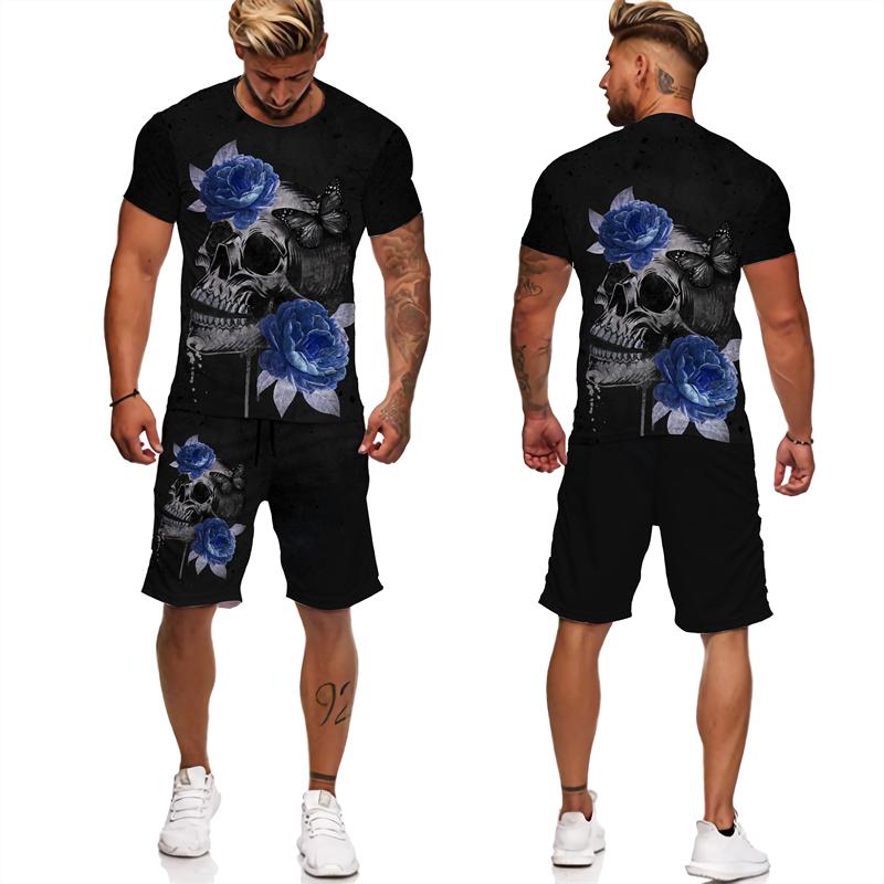 Skull Floral 3D Print Suit for Men Tshirts/Shorts 2pcs Vintage Outfits Sets Gothic Trendy Streetwear Tracksuit Clothing for Male