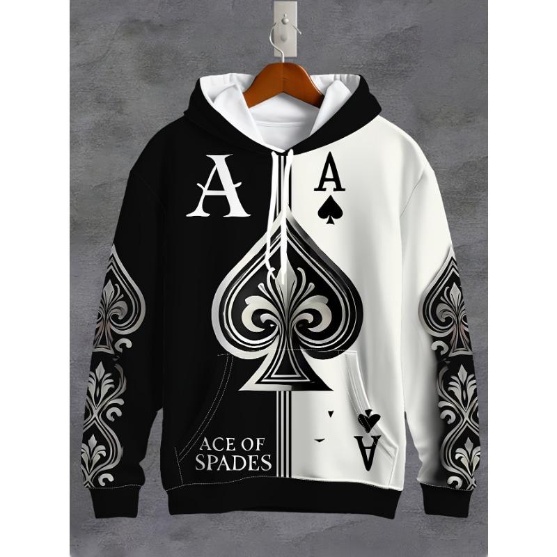 3D Men's Sweatshirt with Poker Card Pattern, Long Sleeve Casual Hoodie with Drawstring Pockets