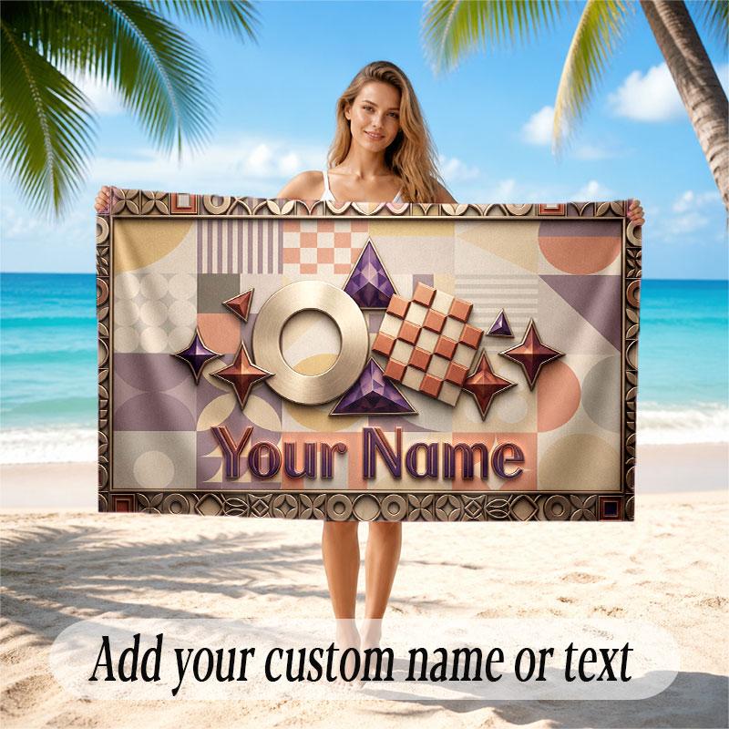 Abstract Geometric Theme Soft Beach Towel Personalized Custom Name Text Towel Portable for Beach Pool Travel