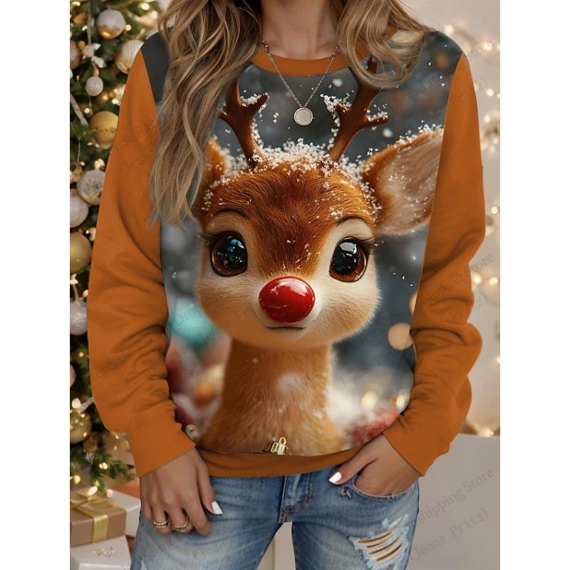 Christmas T-Shirts Fun Reindeer 3D Print Women O-Neck Long Sleeve T Shirt Streetwear Pullover Harajuku Tees Female Tops Clothing