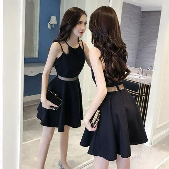 2025 Sexy Korean Style Women s Backless Spaghetti Strap Dress M (90-105 jin) чёрный