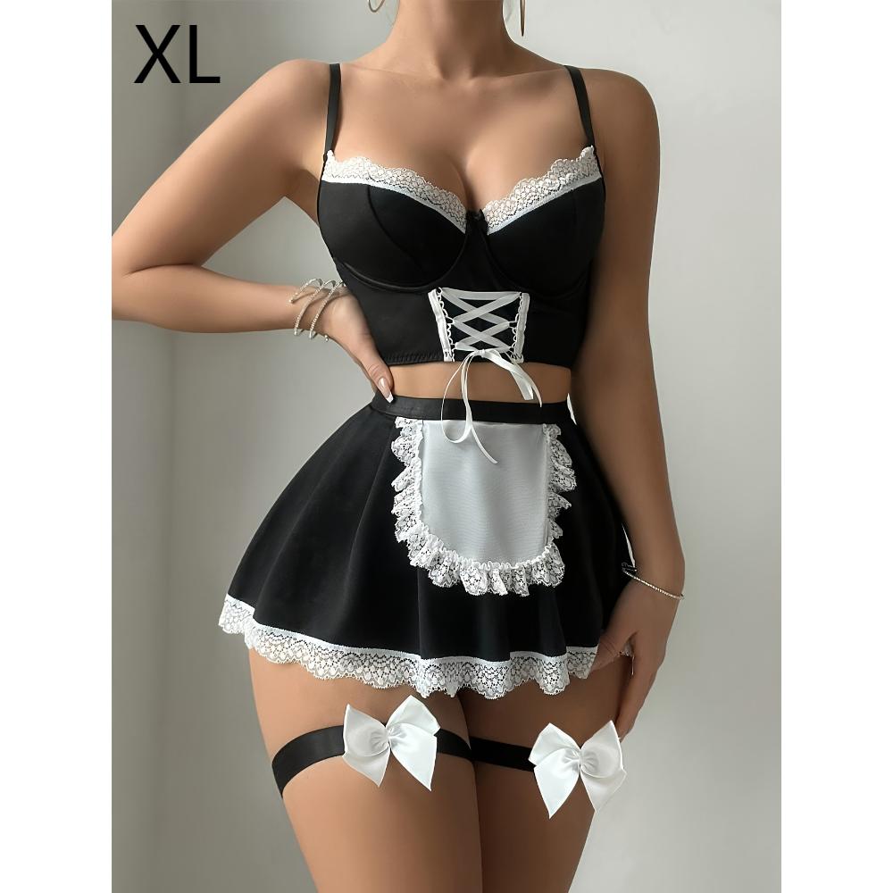 Sexy lace maid apron lingerie set with straps,tempting housemaid costume,intimate outfit with delicate lace for role play and adult fashion wear