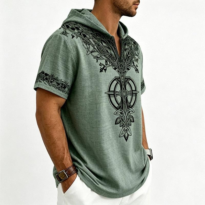 Men Loose Hooded Faith Rune Print Short Sleeve Casual T Shirt