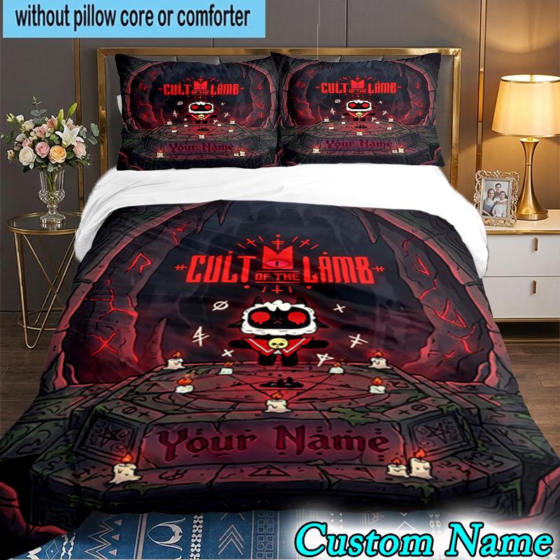 Custom Name 3PCS Cult Lamb Game Fantasy Bedding Set,Including  Duvet Cover And 2pcs Pillowcases Perfect for Bedroom,Dormitory,Fan Christmas gift