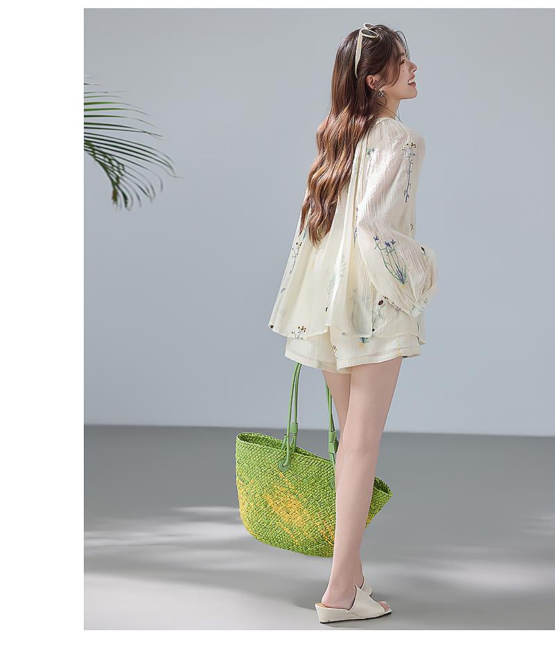 French Vacation Style Lyocell Sun Protection Embroidered Long-Sleeved Shirt and Elastic Waist Lined Shorts Two-Piece Set for Summer