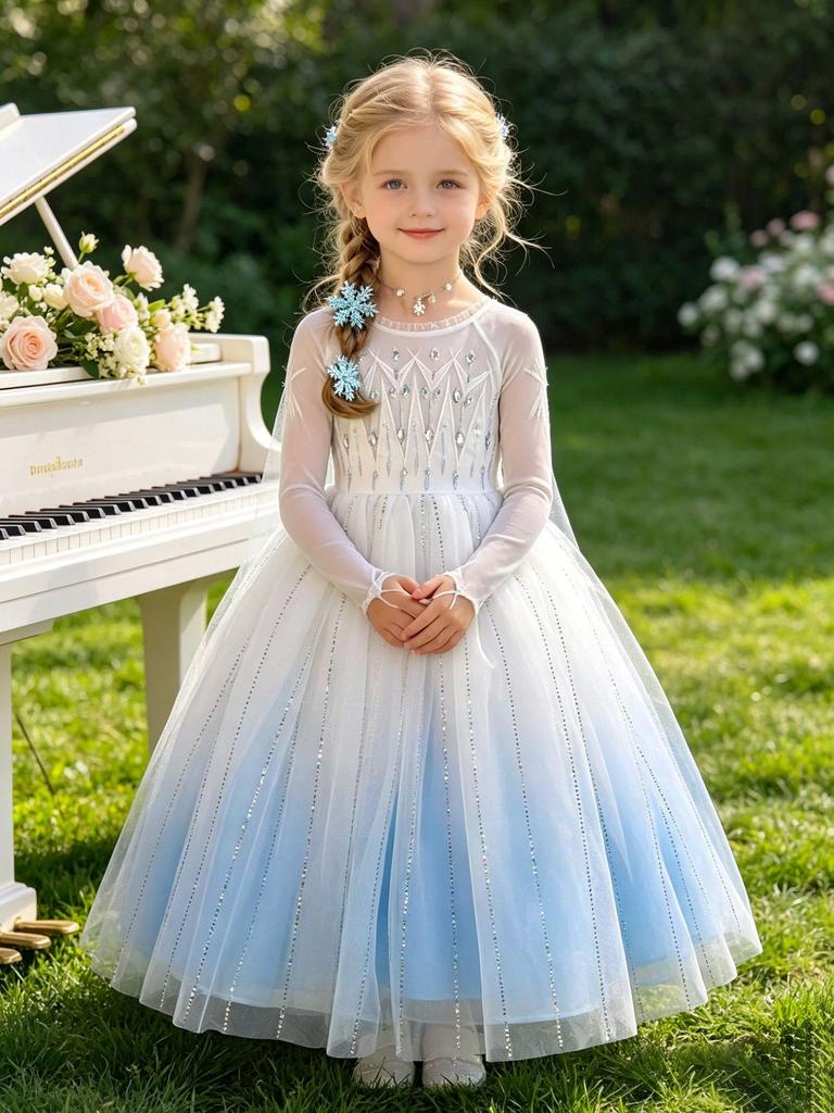 Elsa-Style Embroidered Beaded Girls' Ice Queen Dress: Birthday and Piano Performance Gown