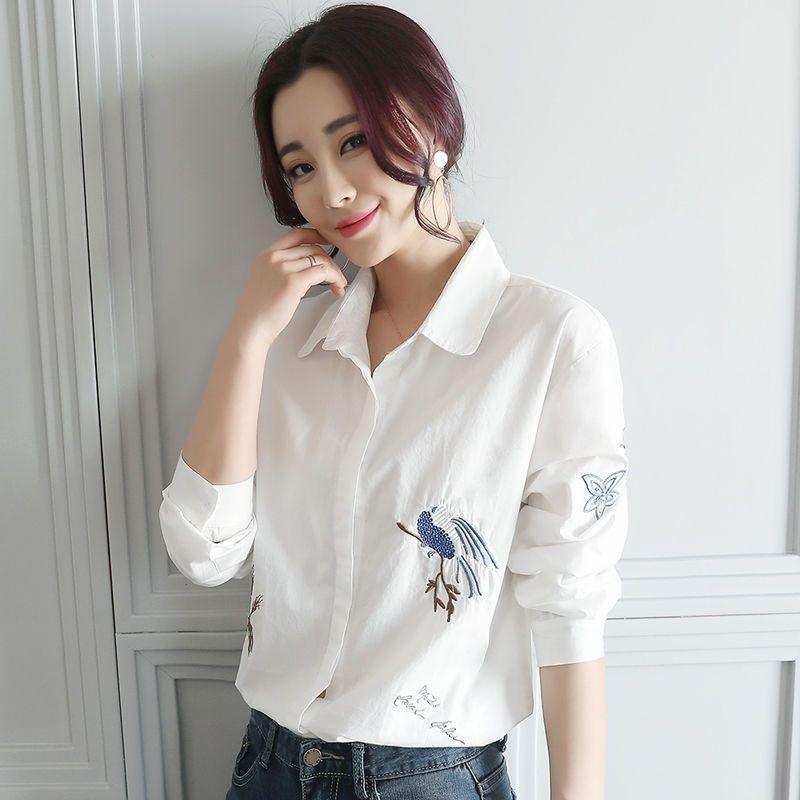 Women Cotton White Short Sleeve Shirt Summer Embroidery Floral Bird Ethnic Style Casual Top