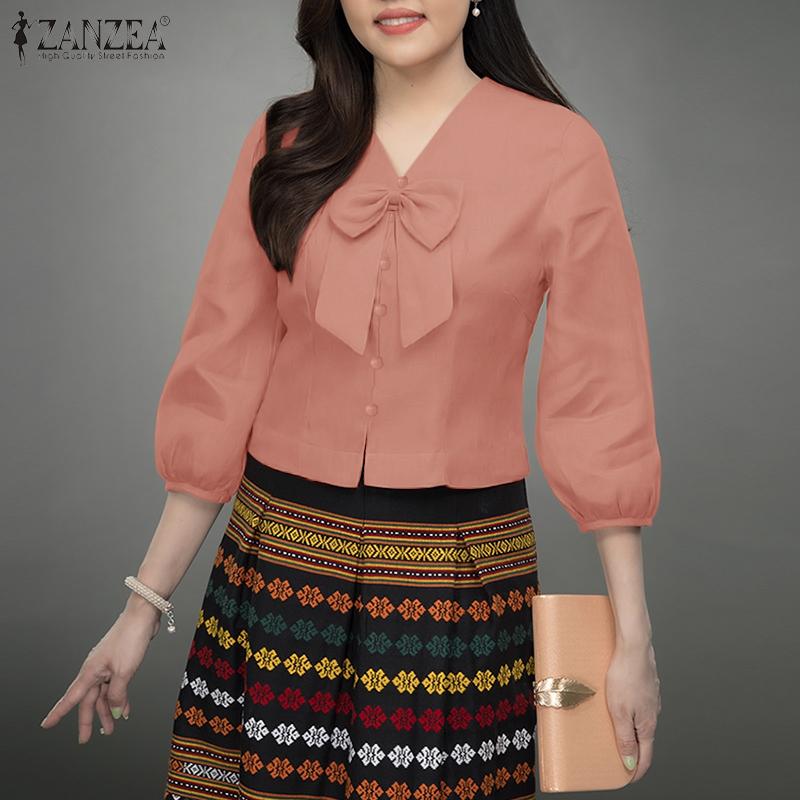

ZANZEA Women Casual Bows V-Neck Summer 3/4 Sleeve Blouse