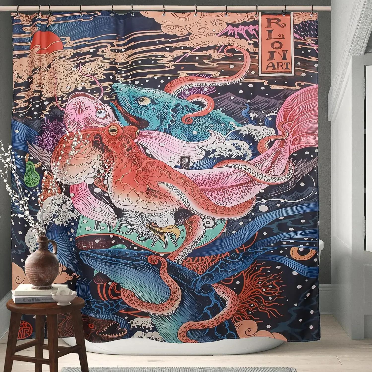 

Majestic Whale Breakthrough Shower Curtain-Ocean Art with Mountains Background, Unique Bathroom Decorative Shower Curtain W90XH180cm