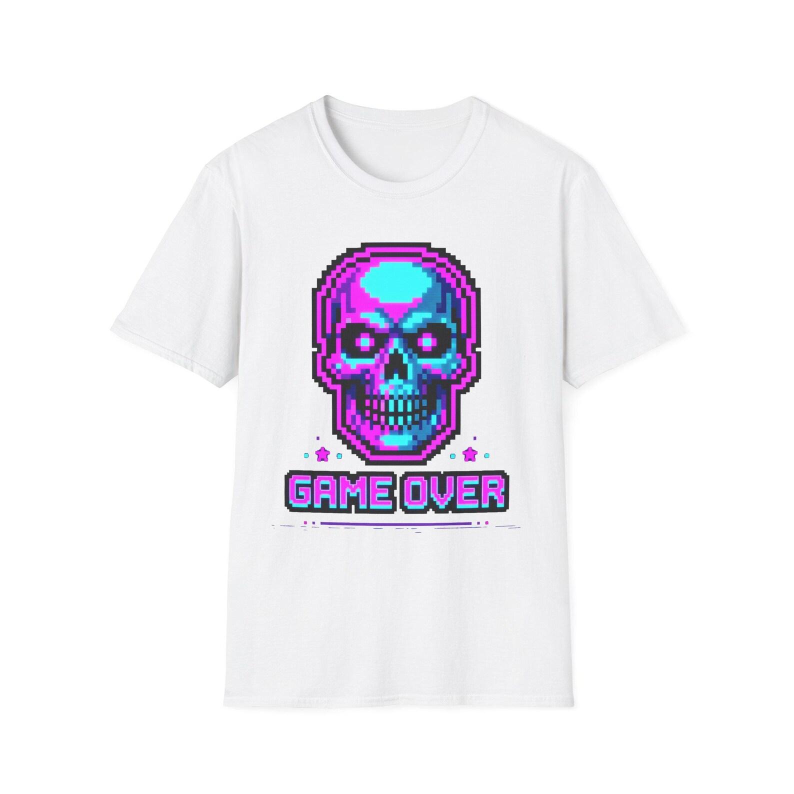 Pixel Skull Game Over T-Shirt | Retro 8-Bit Gaming Skeleton Graphic Tee | Gamer Gift S