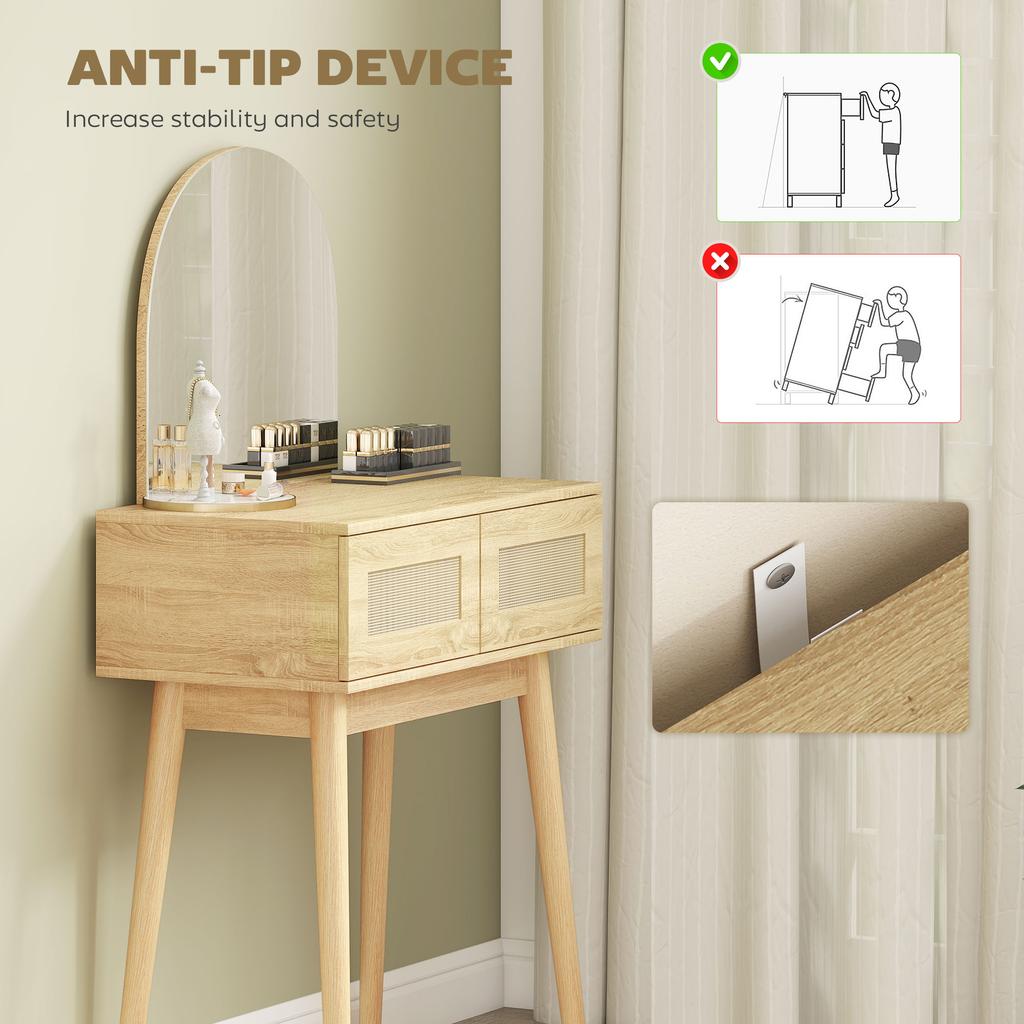 Dressing Table, Compact Vanity Desk with Mirror and 2 Drawers, Natural Wood Finish