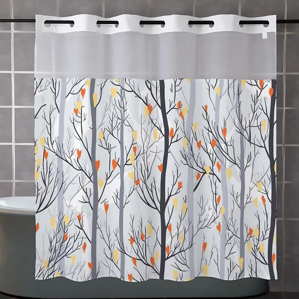 

No Hook Plant Pattern Shower Curtain With Snap-In Fabric Liner, Sheer Top Window, Waterproof Double Layer Bathtub Curtain W60H190(CM)-1 Pcs