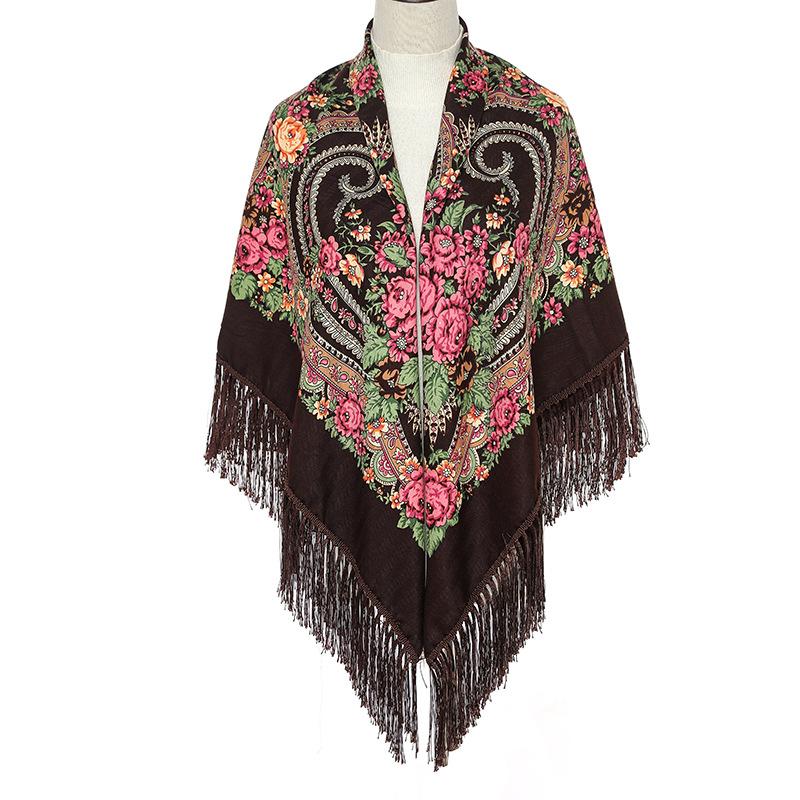 Square Shawl Flower Scarf For Women'S Large-Sized Hijab Retro Printed Tassels Warp Warm Autumn And Winter Cape Bufandas Poncho