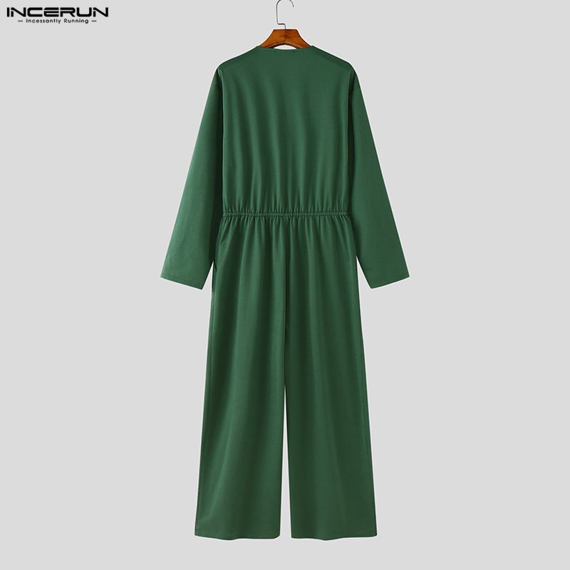 INCERUN Men Collarless Long Sleeve Belt Solid Sports Casual Buttons Long Jumpsuits Rompers