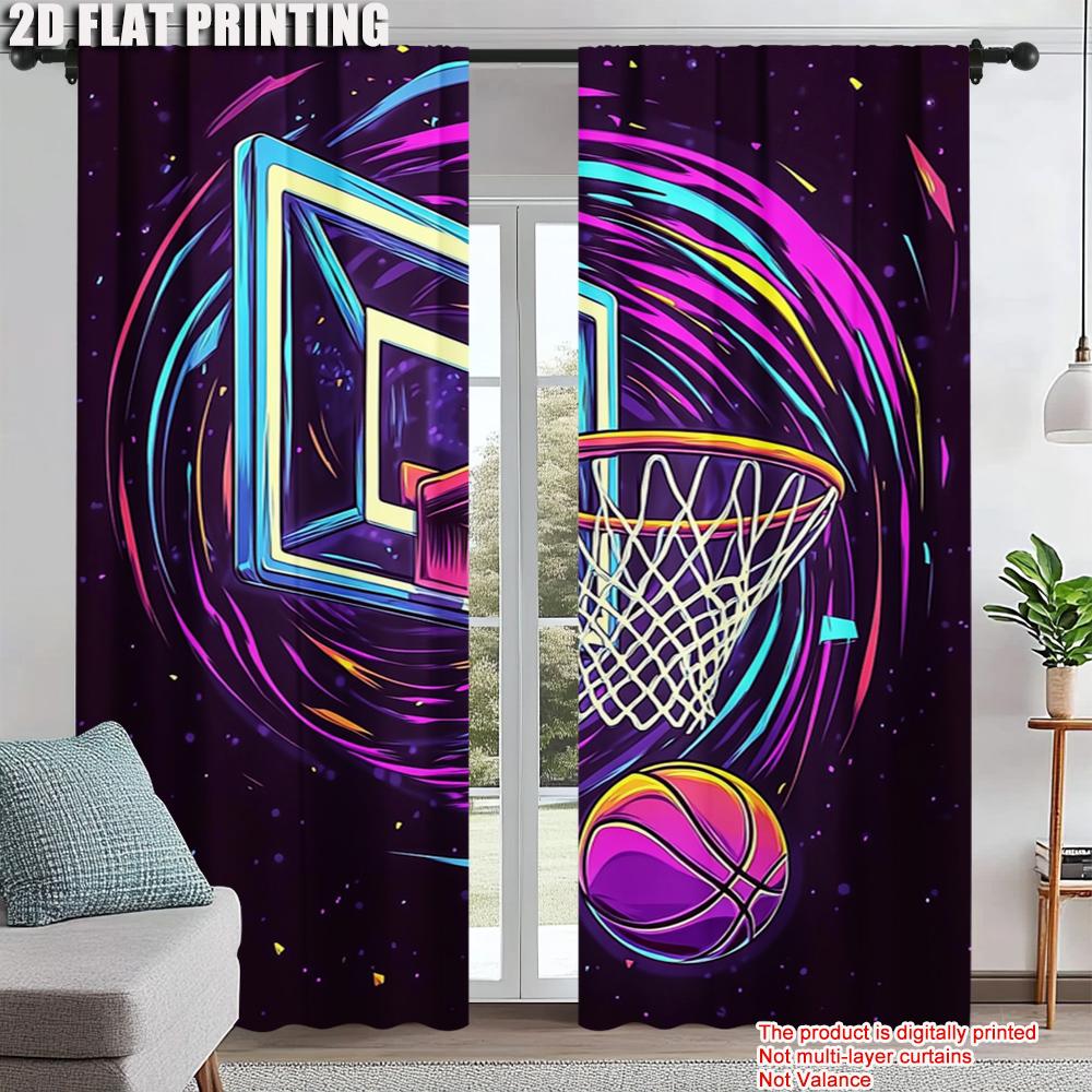 

Set Of 2 Modern Basketball Hoop Printed Curtains Polyester Drapes Bedroom Living Room Light Blocking Privacy Home Decor Curtain Ideal For Sitting W100*H70(CM)-Hooks&1PCS