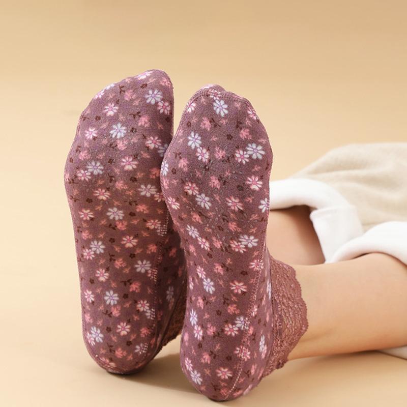 1 Pair Velvet Women Thermal Socks Autumn Winter Low Tube Warm Anti-slip Lace Trim Floor Socks