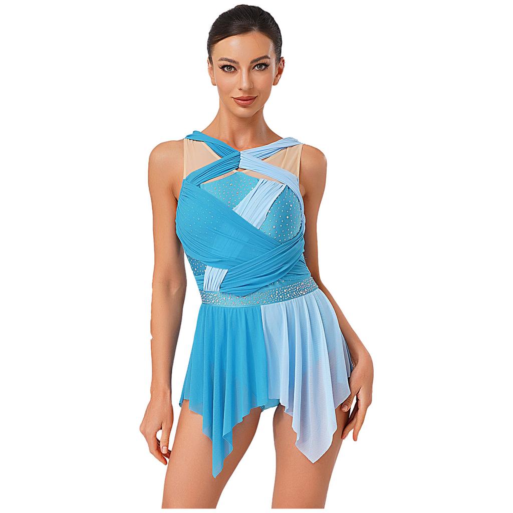 Color Block Mesh Leotard Dress for Women S-XXL: Ruched Twisted Knot Irregular Hem Sleeveless Rhinestone Design for Lyrical Dance