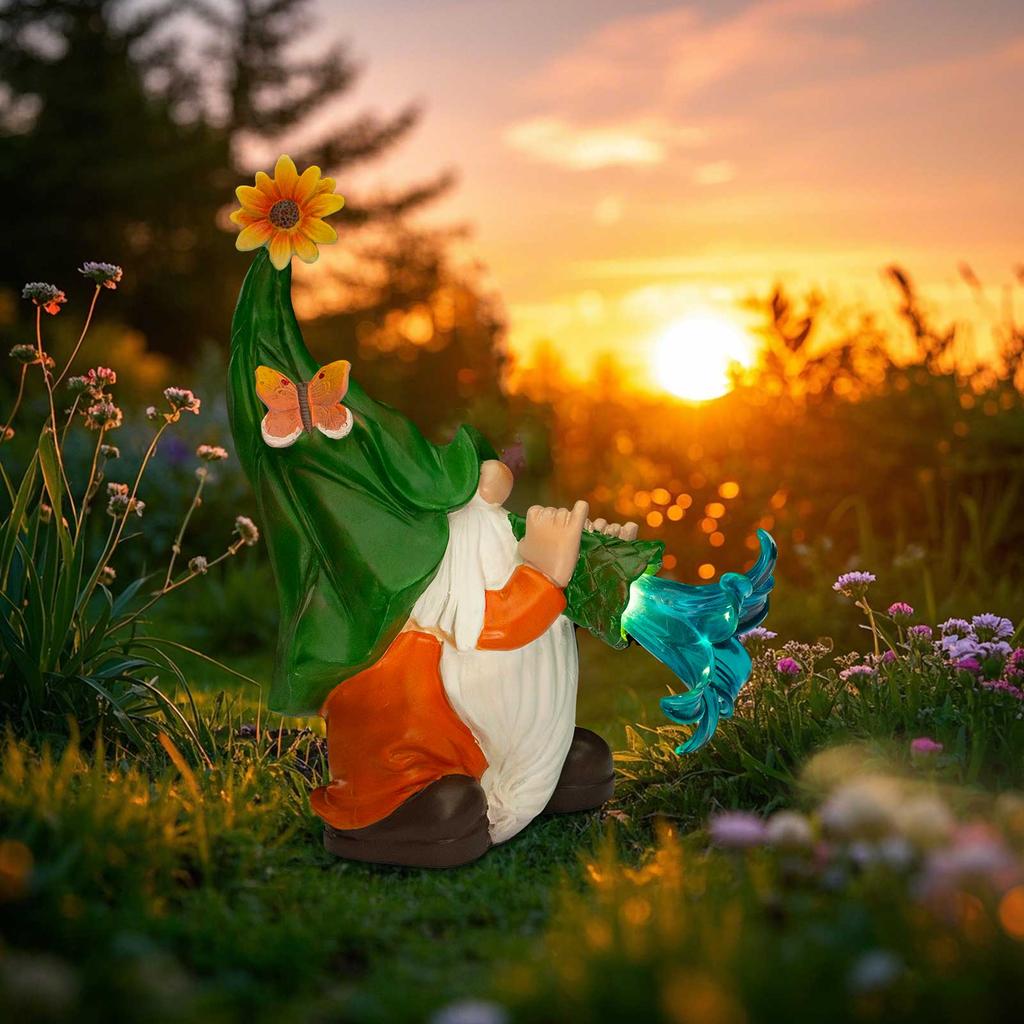 Solar LED Lighted Garden Gnome Resin Statue - Outdoor Funny Decor for Home Patio Lawn Yard - Collectible Figurine Gift