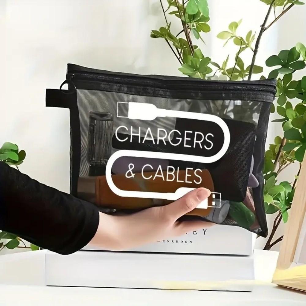 New Canvas Charger Storage Pouch Zipper Closure Print Design Cable Organizer Bag Large Capacity Electronics Bag Travel Use