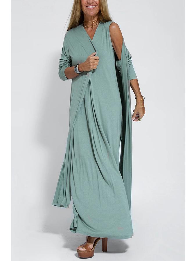 Europäisches und Amerikanisches Einfarbiges V-Ausschnitt Pulloverkleid und Strickjacken-Set für Damen