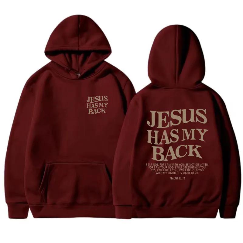 JESUS HAS MY BACK Velvet Hoodie Plain English Letter Slogan Print Kangaroo Pocket Drawstring Print Hoodie