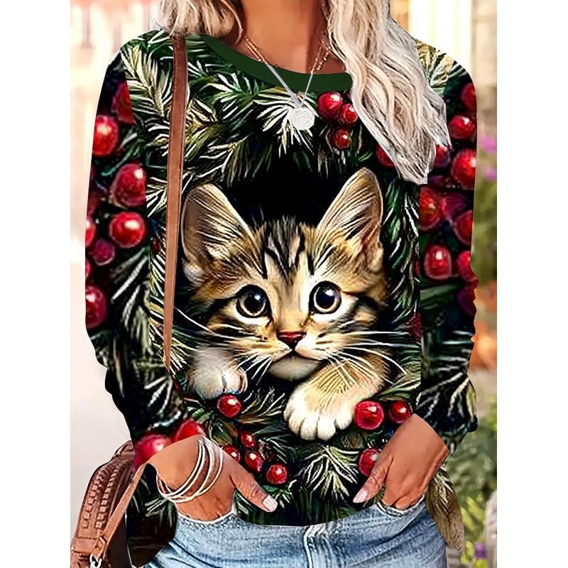 Autumn and Winter Ladies Christmas Kitten 3D Printed Crew Neck Long Sleeve T-Shirt