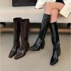 Small Square Head But Knee Thick Heel Boots Women's Brown Small High Heel Oily Leather Knight Boots High Sleeve Feet High Boots