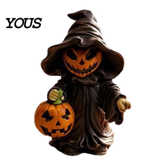 Jack-o'-lantern Decor Halloween Witch Statue with Pumpkin, Cute In Pointed Hat & Black Robe, Resin Gothic Pumpkin Ornament Tabletop for