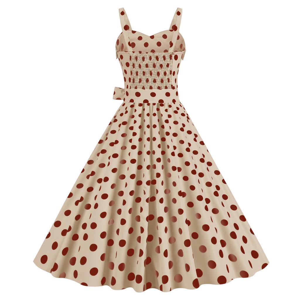 Women Vintage Dress 50s Retro A-line Big Swing Sleeveless Dot Print Contrast Color Elastic Bust High Tight Waist Backless Knee Length Evening