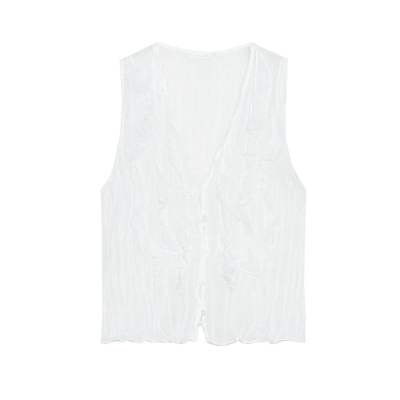 

Summer New Product Women clothes French style Wrinkle Effect Translucent Laminated Decoration V-neck Sleeveless Top 3666154 White L