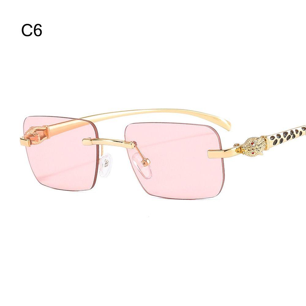 Rimless Leopard Head Decorated Sunglasses Gradient UV Protection Rectangular Sun Glasses Transparent Lens Shades for Women
