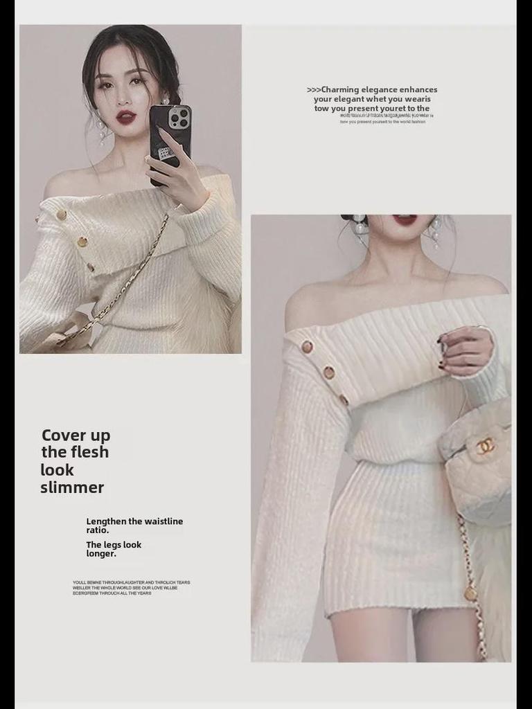 "American Hot Girl Fashion One-Shoulder Knitted Short Sweater Dress for Women - Autumn/Winter"