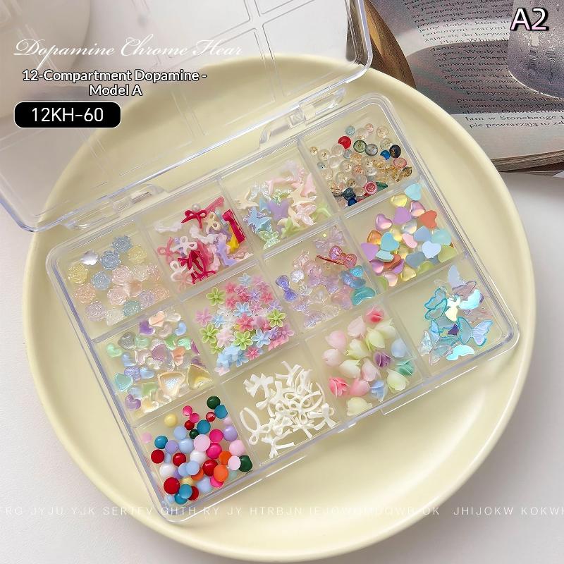 

12 Grid Mixed Colorful Heart Bow Candy Rose Nail Charms Dopamine Nail Jewelry Nail Accessoriesnail Manicure Decoration Diy A2