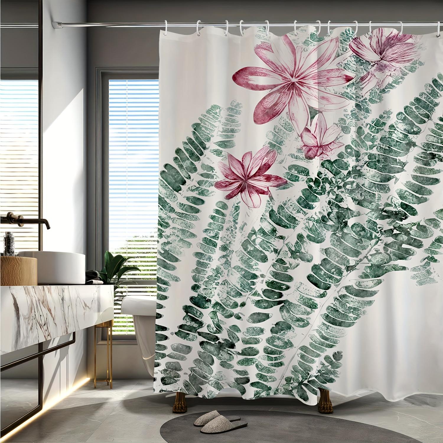 

Floral & Green Leaf Digital Print Shower Curtain – Reversible Polyester With Hooks, For All-Season Bathroom Decor W60H190(CM)-1 Pcs