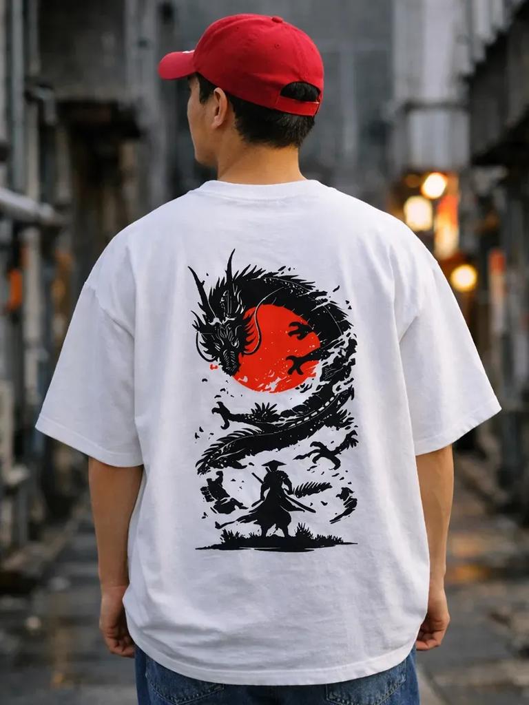 Thick White Oversized T-Shirt with Dragon Print