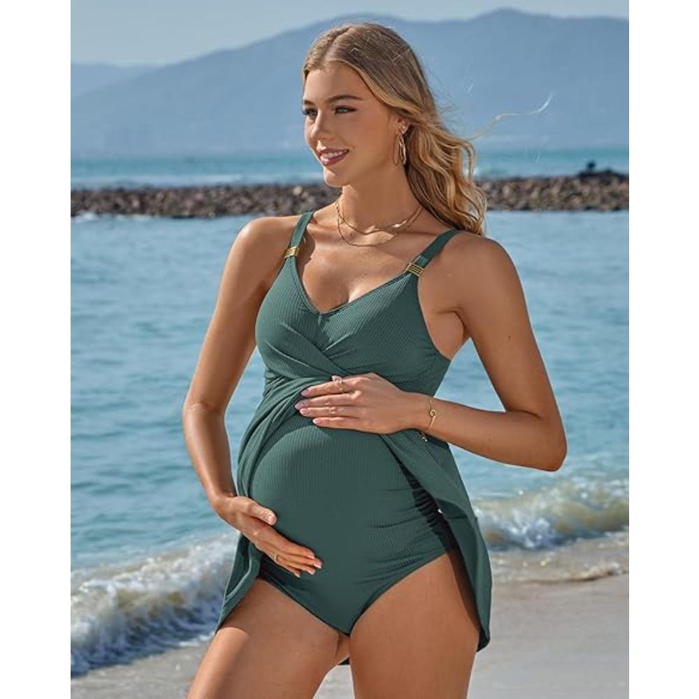 CHARMLEAKS Women Maternity Swimsuit Ribbed Pregnancy Swimwear Front Cross Supportive Swim Dress Cute Bathing Suit