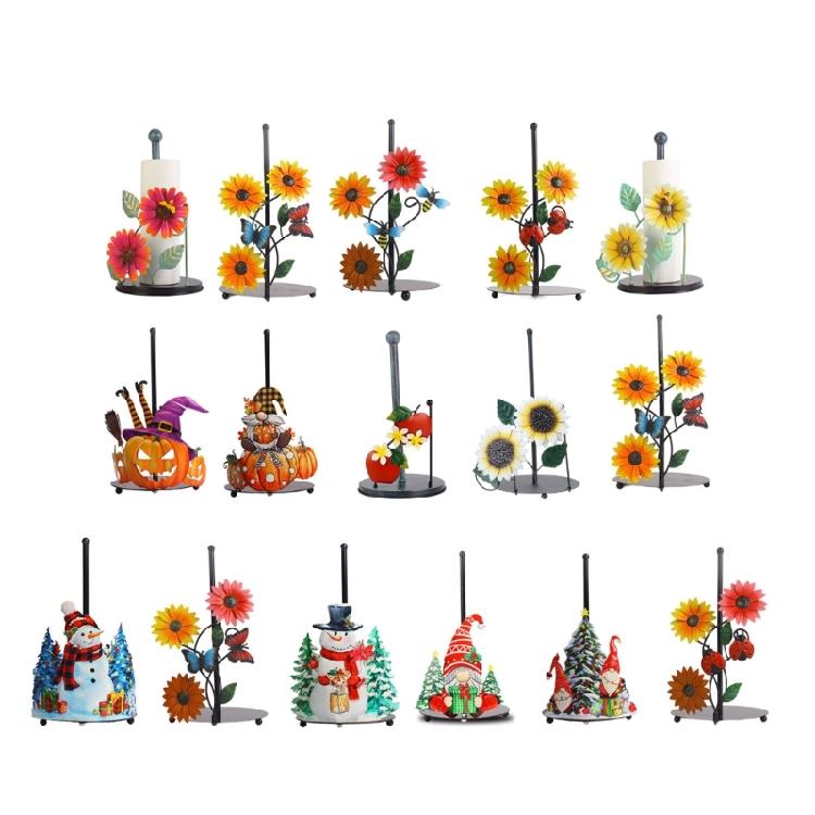Iron Paper Towel Holder Flowers Christmas Tissue Holder Kitchen Roll Paper Stand Organizers for Kitchen Countertop
