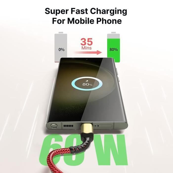 3x Câble USB-C vers USB-C 60W pour Samsung Galaxy A24 A23 A22 A03s A04s A12 A13 A14 - Nylon Tressé Rouge 1M