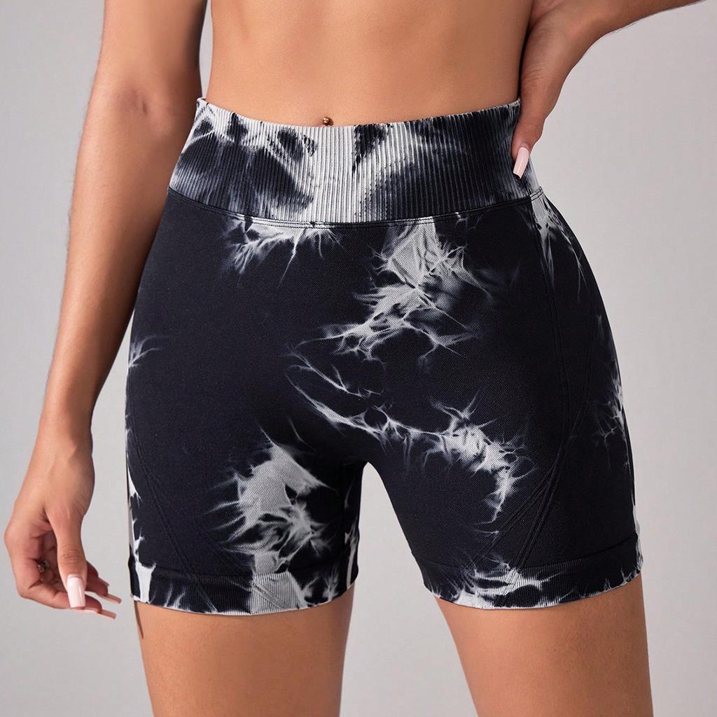 Sports shorts peach hip-lifting pants high waist tight belly yoga fitness pants tie-dye tie-bleach sports tight shorts