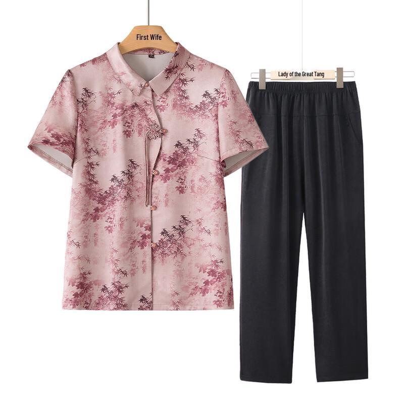 Elderly Women s Summer Breathable Lapel Short Sleeve Set 2XL