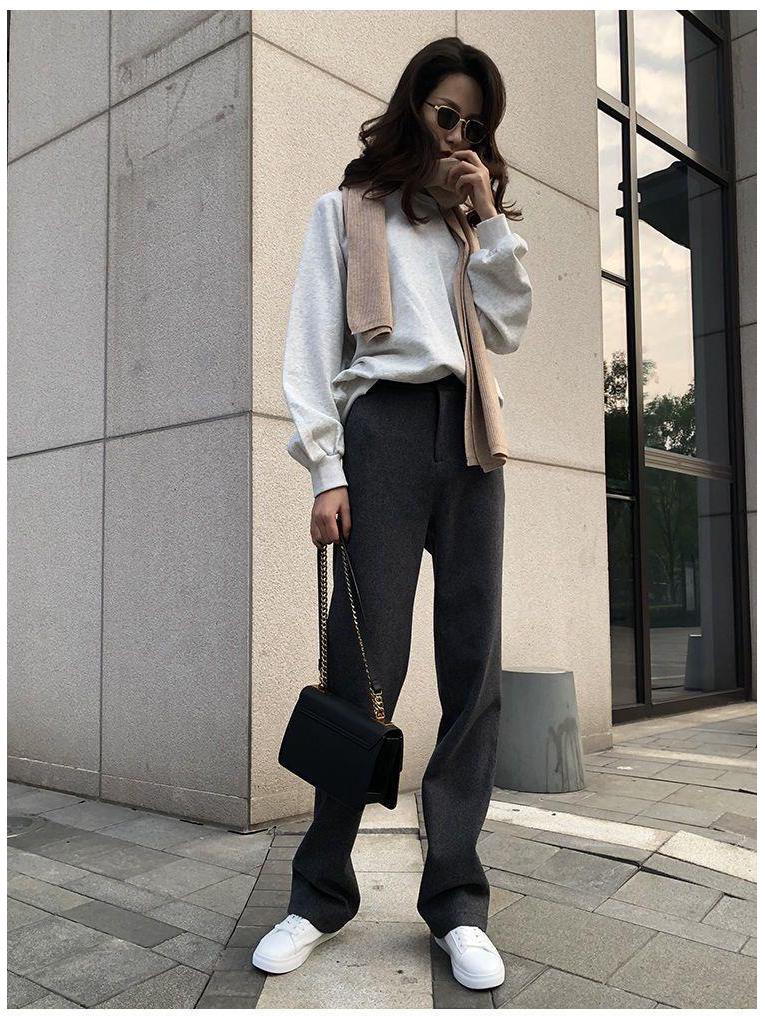 2025 Damen Graue Wollhose mit hohem Bund und weitem Bein: Schlankmachend, lockere Passform für Herbst/Winter
