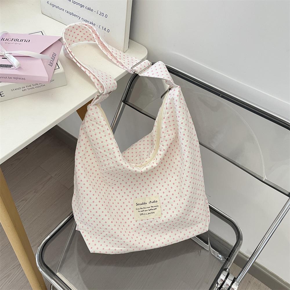91 Sweet pink star printed polka dot shoulder canvas bag large capacity tote bag commuter fabric messenger bag