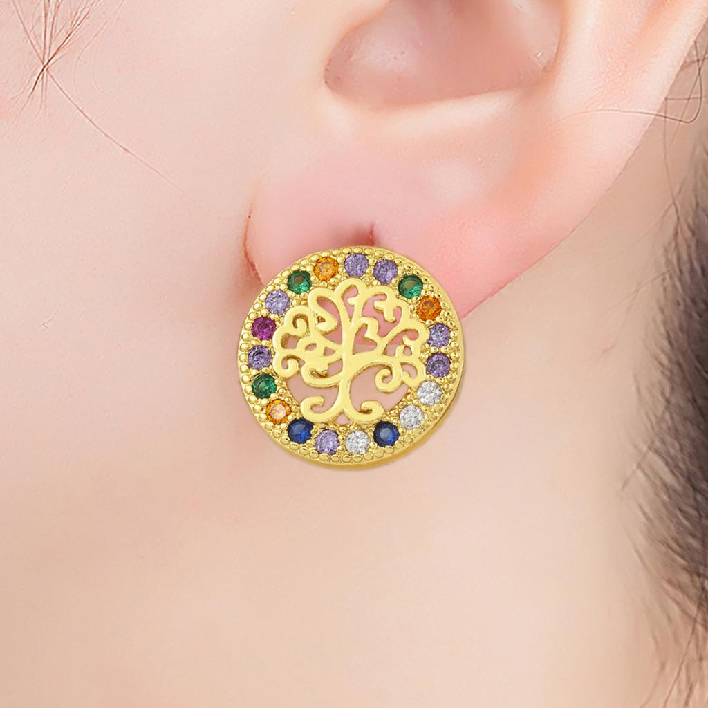 Nidin Classic New Design Copper Shiny Crystal Zircon Lucky Tree Of Life Stud Earrings For Women Fashion Temperament Ear Jewelry