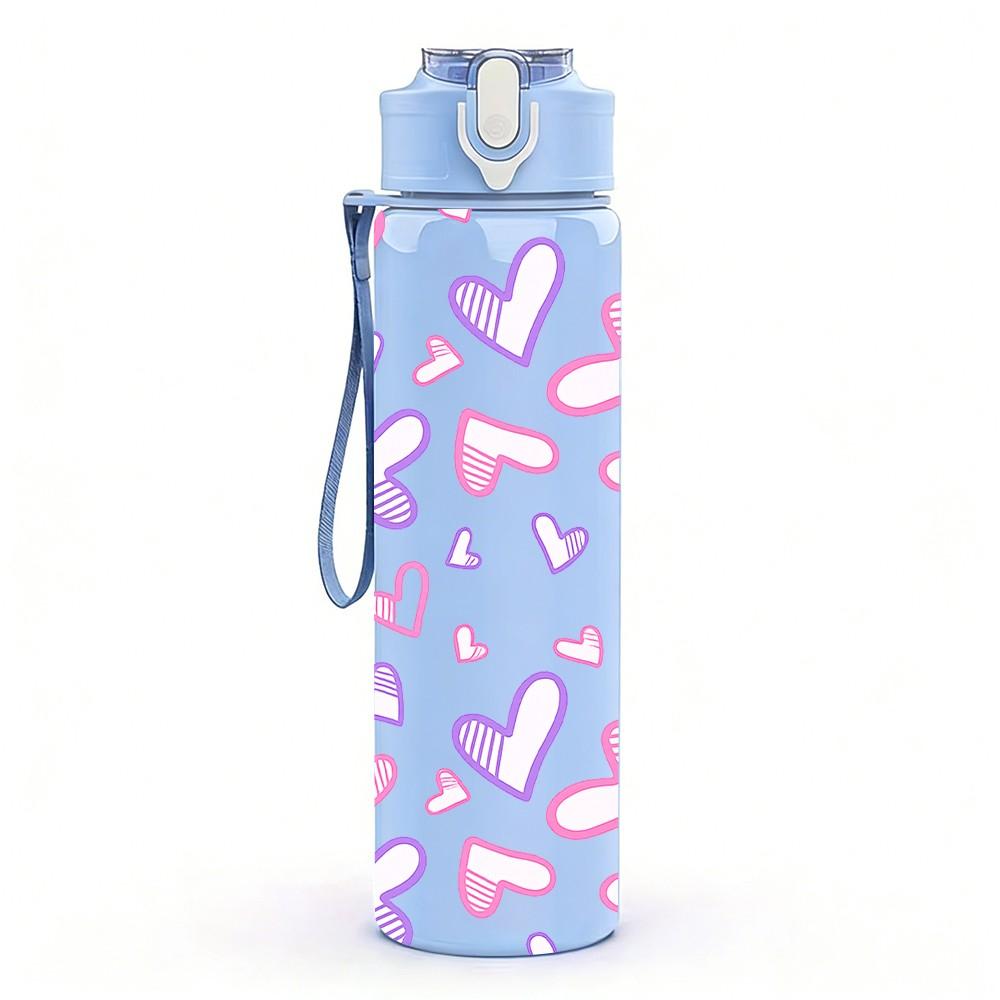 1PC Pink Purple Heart Seamless Print 750ml Color Plastic Sports Water Bottle Leakproof Flip Straw Lid Suitable for Sports Office Home Use