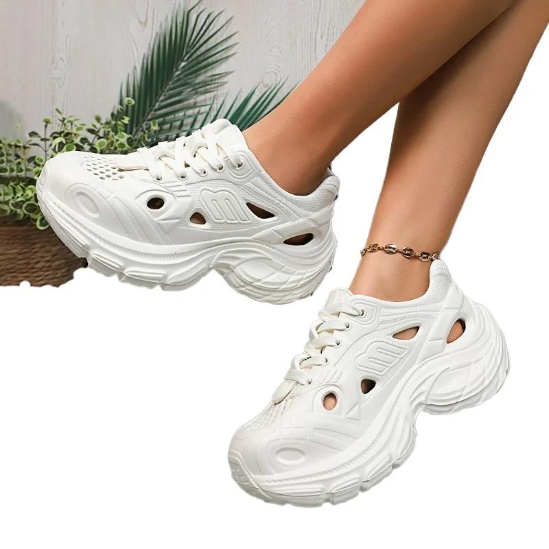 Fashion 2025 Summer Women's Platform Vulcanized Shoes Round Toe Hollow Lace-Up Sport Sandals for Daily Outdoor Ladies Casual Sneakers